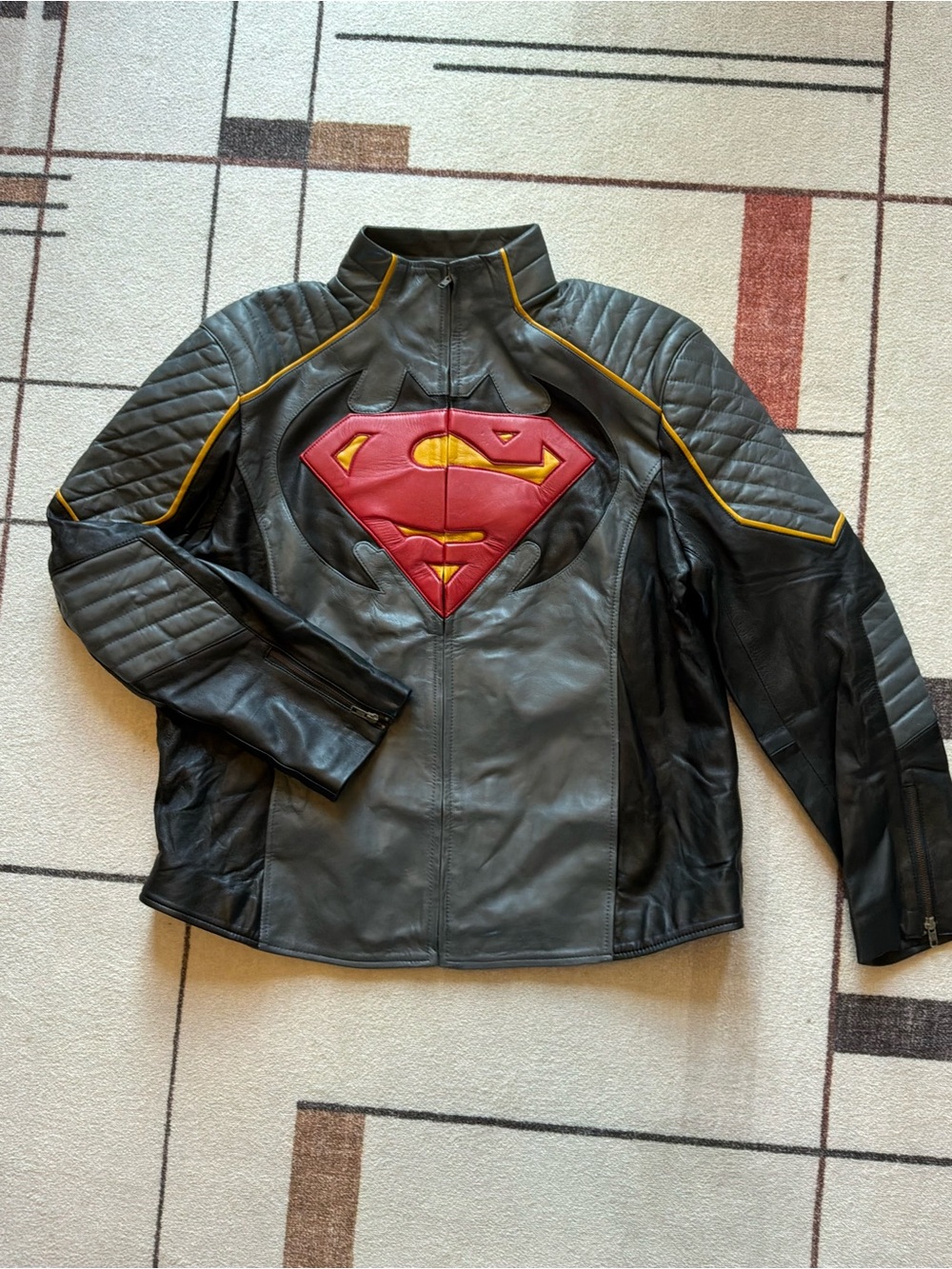Men’s Black Leather Superhero Emblem Biker Jacket